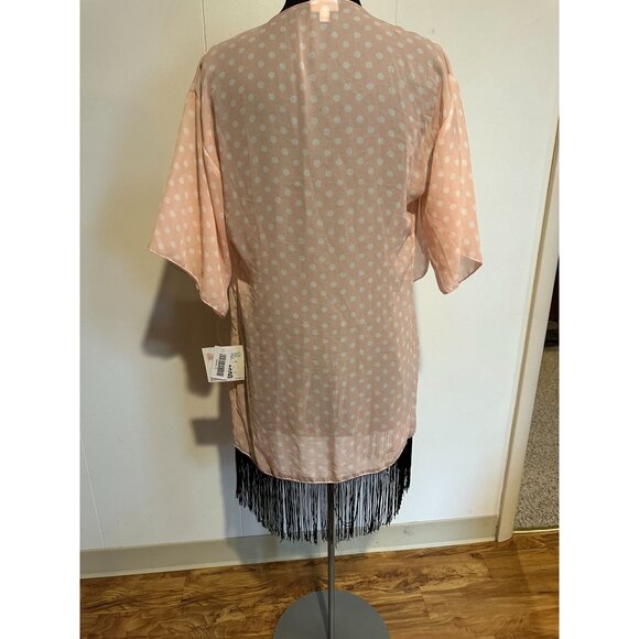 Lularoe Monroe Kimono Size S NWT Pink White Polka Dot Black Fringe Cover Up Disn - Picture 8 of 8